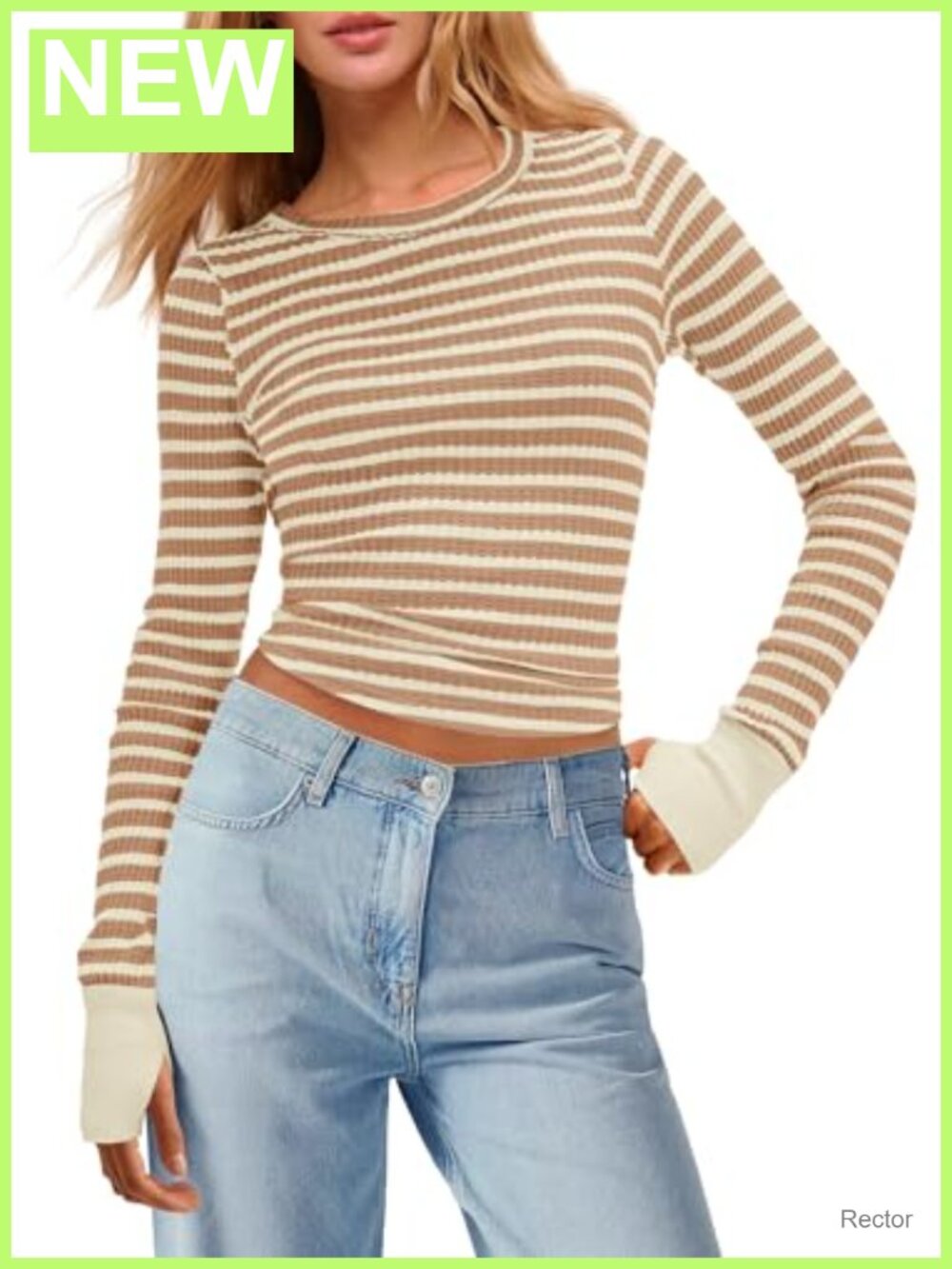 Waffle Knit Striped Long Sleeve Crewneck Fitted T-Shirt Casual Fall Top